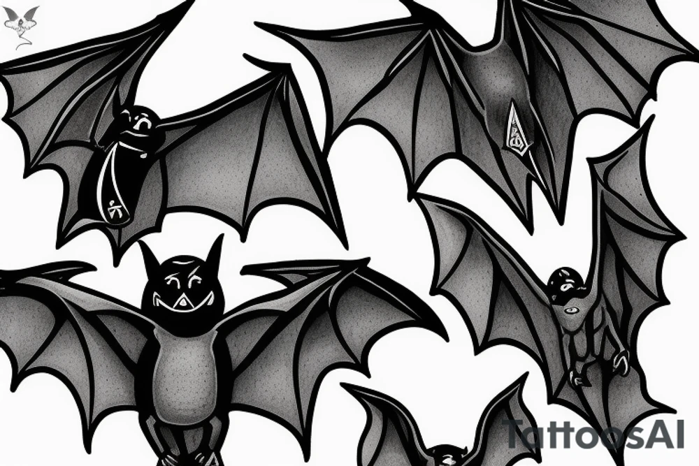 three Bats appear from a dark side and fly away tattoo idea