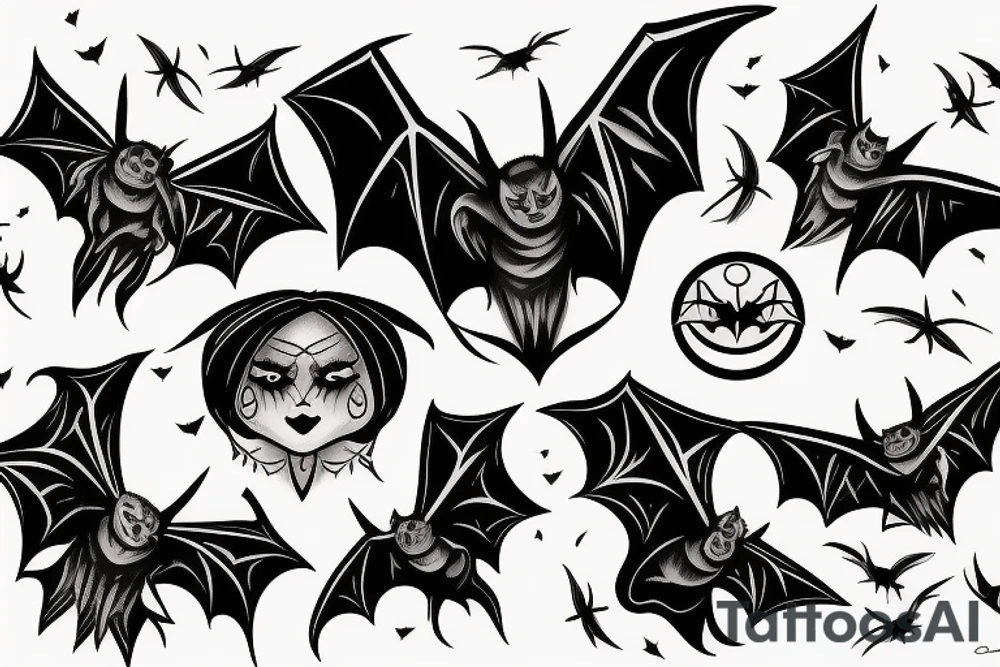 three Bats appear from a dark side and fly away tattoo idea