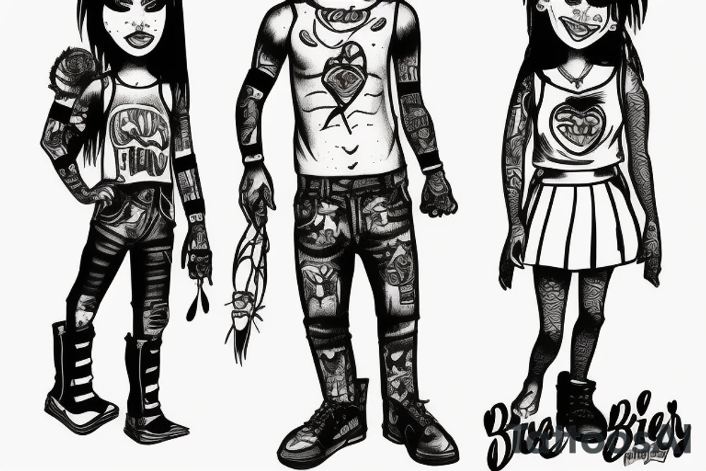 brother and sister standing together in the style of tank girl tattoo idea