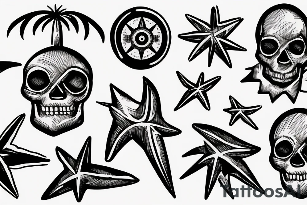 Compass, skull, beach, palm tree tattoo idea