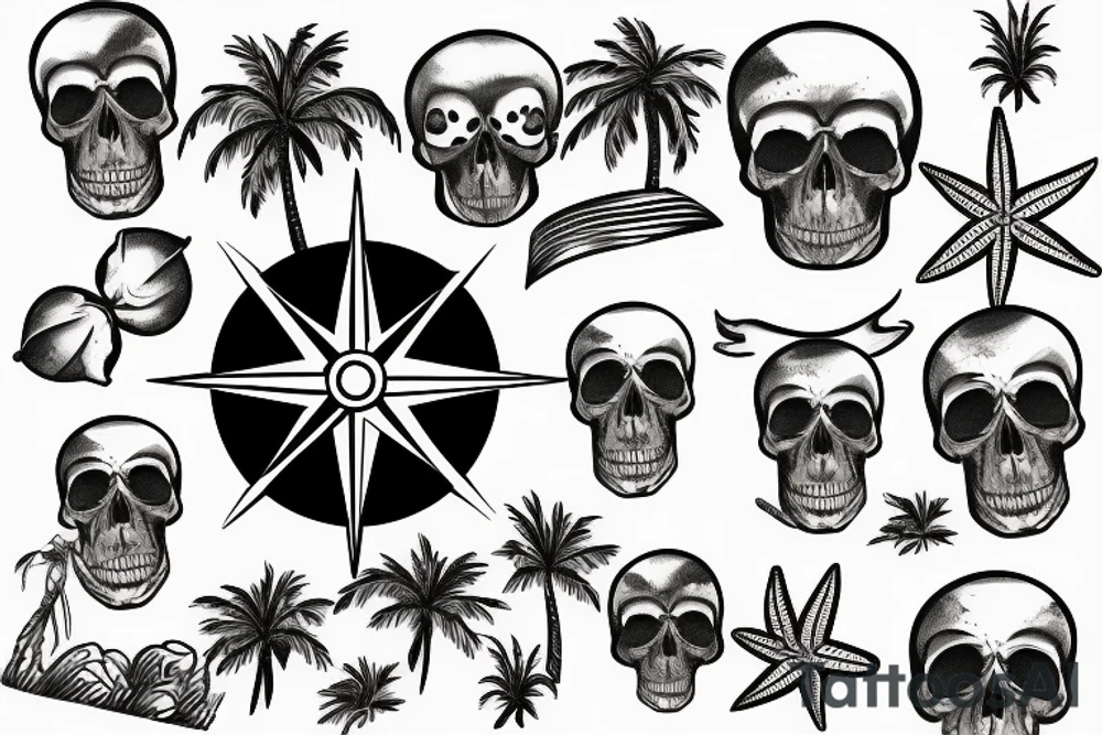 Compass, skull, beach, palm tree tattoo idea