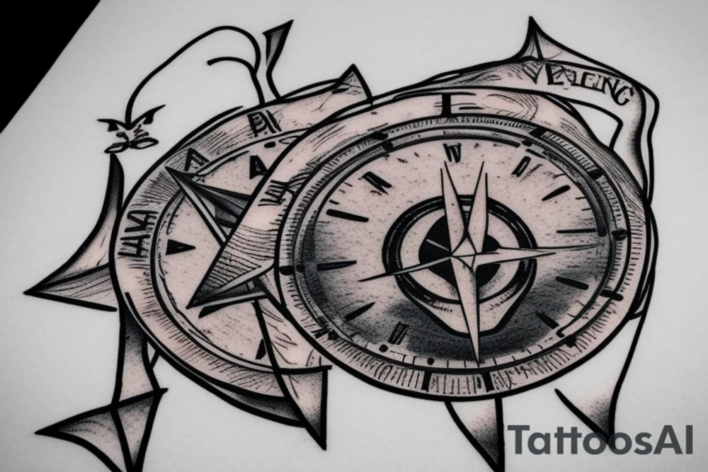 Mountain in the form of a skull, clock, compass, travel tattoo idea