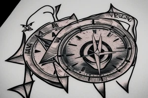 Mountain in the form of a skull, clock, compass, travel tattoo idea