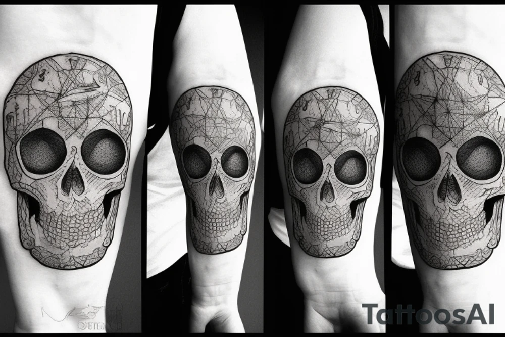 Mountain in the form of a skull, clock, compass, travel tattoo idea