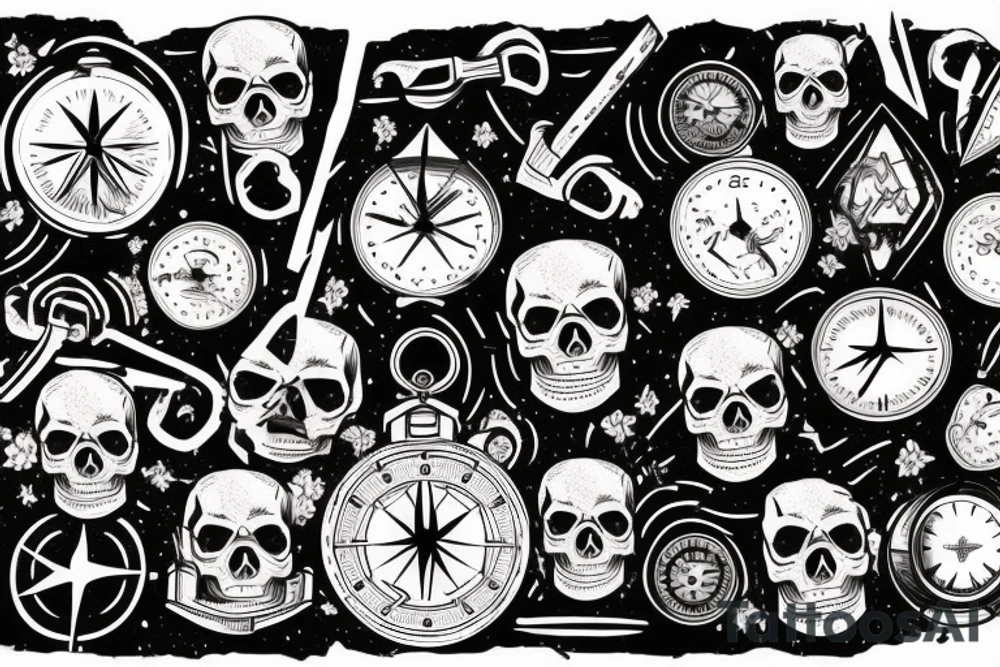 Mountain in the form of a skull, clock, compass, travel tattoo idea