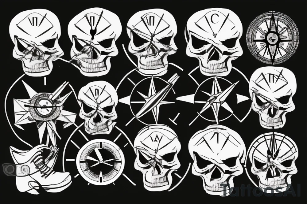 Mountain in the form of a skull, clock, compass, travel tattoo idea