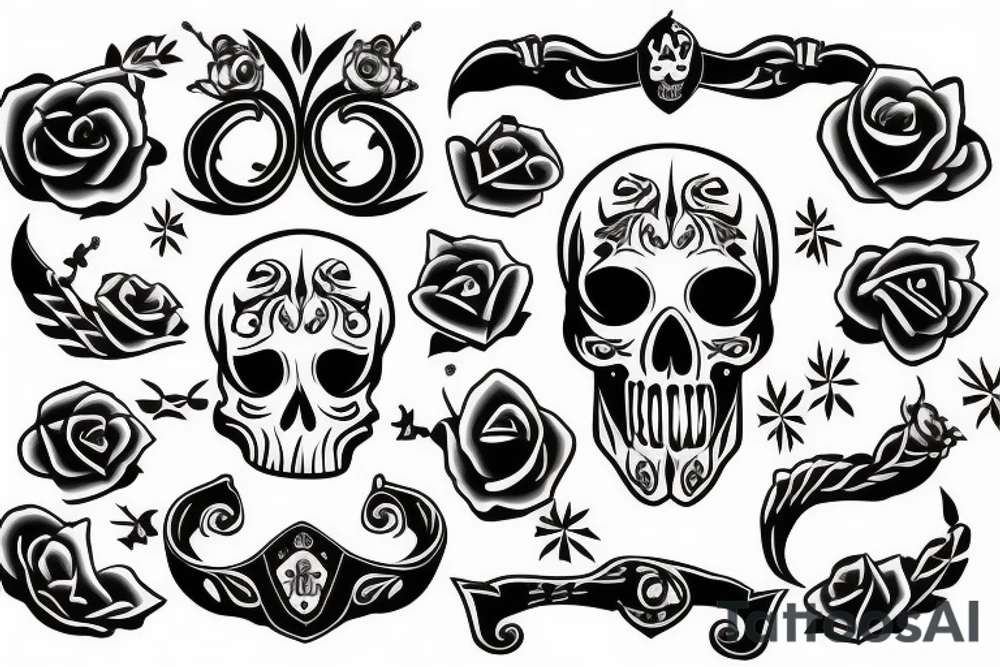 Outline tattoo style, Skull with a horseshoe, white background, --no skin tattoo idea
