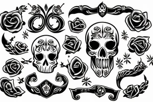 Outline tattoo style, Skull with a horseshoe, white background, --no skin tattoo idea