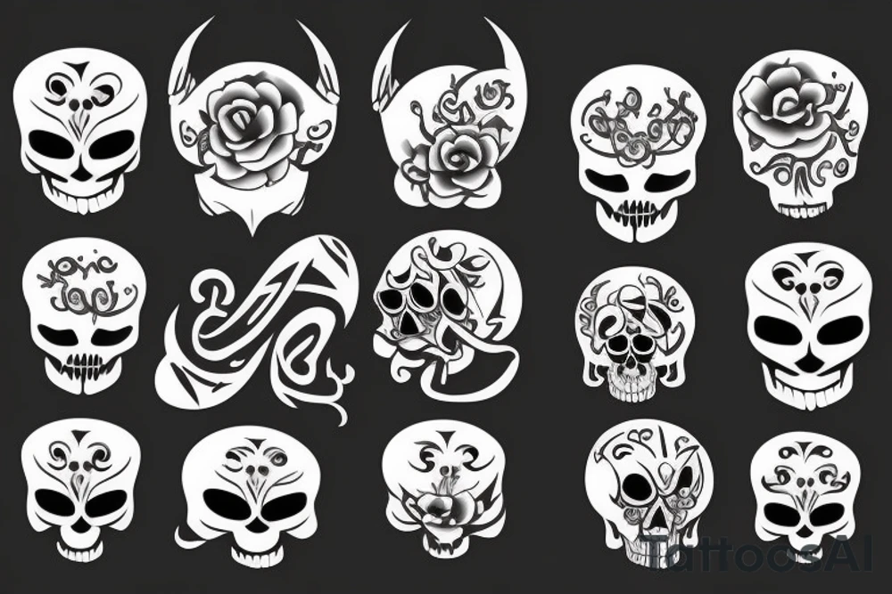 Outline tattoo style, Skull with a horseshoe, white background, --no skin tattoo idea