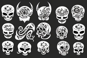 Outline tattoo style, Skull with a horseshoe, white background, --no skin tattoo idea