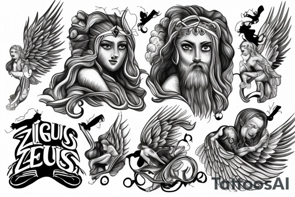 zeus with clouds lighning and angels tattoo idea