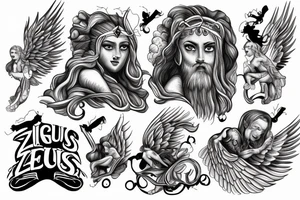 zeus with clouds lighning and angels tattoo idea