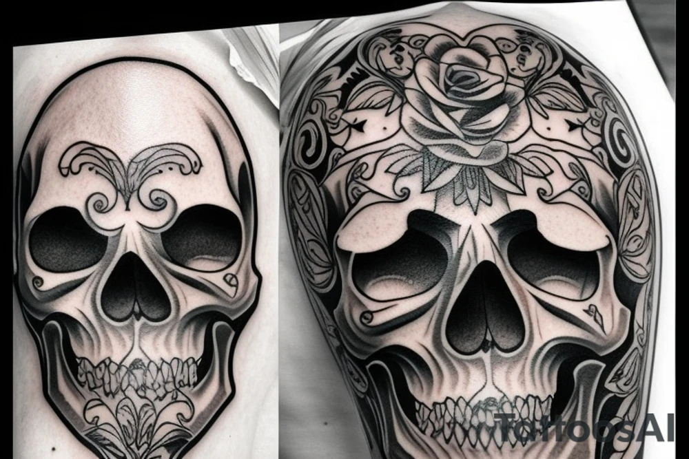black and white skull head tattoo detailed tattoo idea