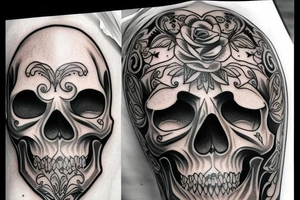 black and white skull head tattoo detailed tattoo idea
