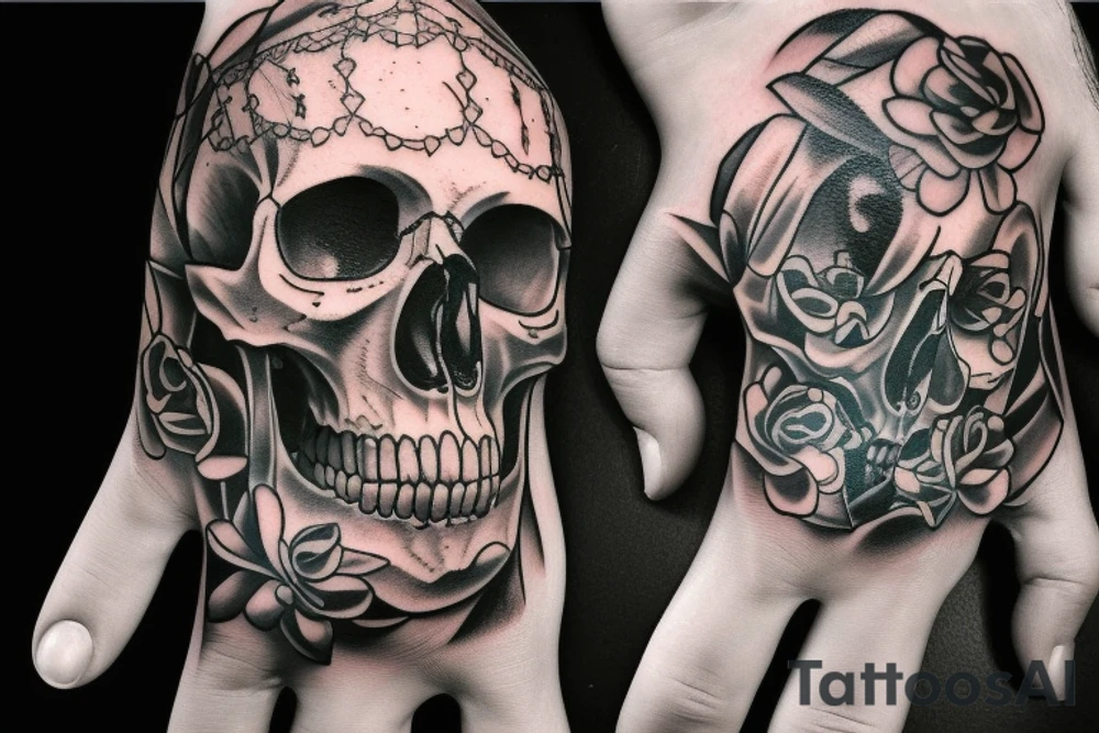 black and white skull head tattoo detailed tattoo idea