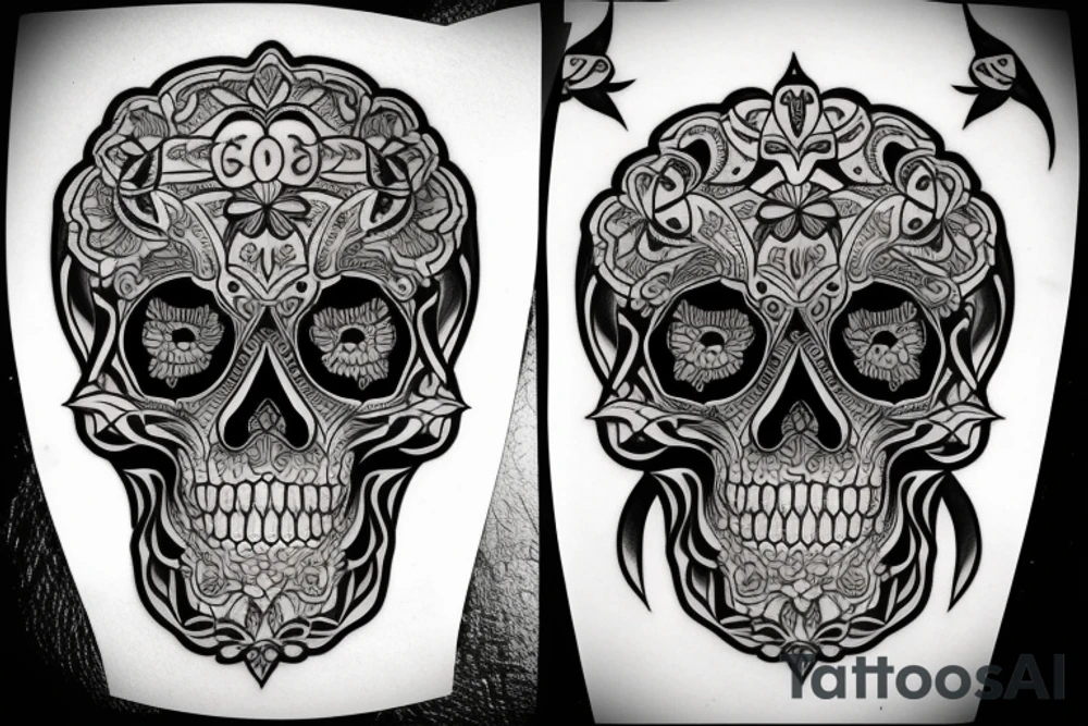 black and white skull head tattoo detailed tattoo idea