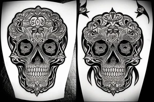 black and white skull head tattoo detailed tattoo idea