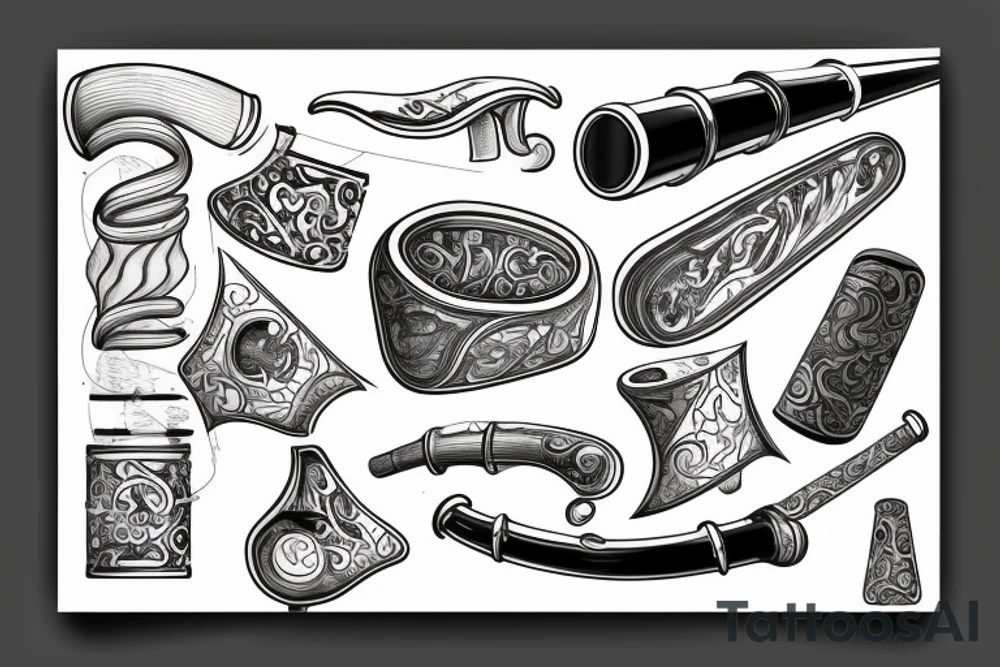 detailed sketch of a half-bent billiard pipe, vintage-inspired, white background, side view tattoo idea