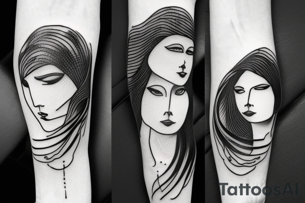 continuous line tattoo of two women faces tattoo idea