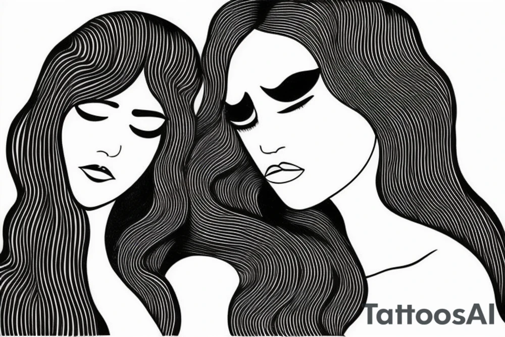 continuous line tattoo of two women faces tattoo idea