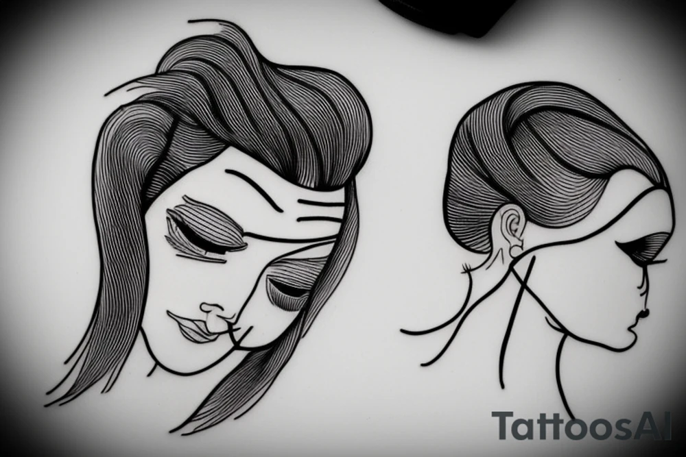 continuous line tattoo of two women faces tattoo idea