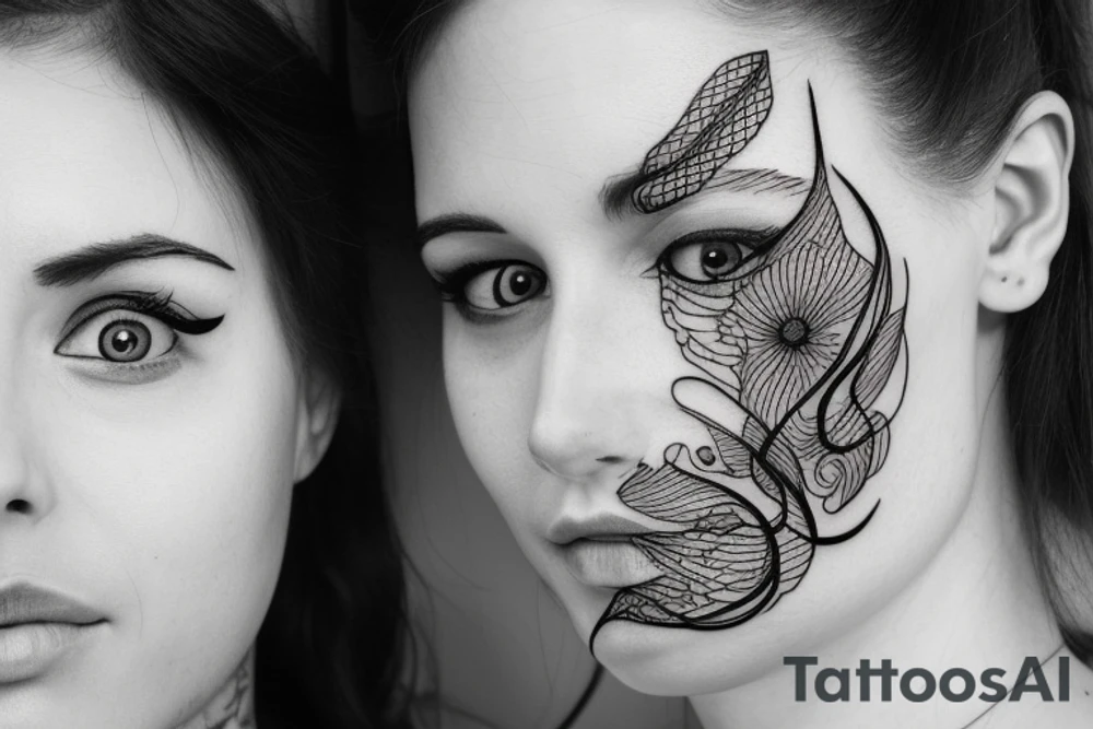 continuous line tattoo of two women faces tattoo idea