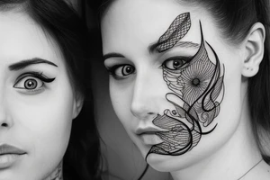 continuous line tattoo of two women faces tattoo idea