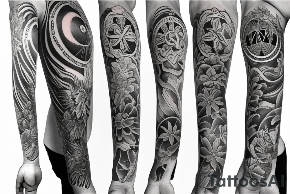 heaven plus flower plus fall from heaven leilani plus God Eye plus new breeze air arm sleeve tattoo idea