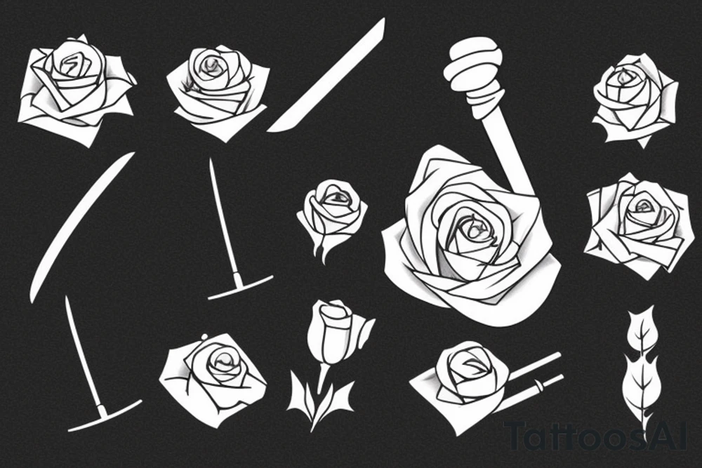 sword with full rose attached to a sepal wrapped around it tattoo idea