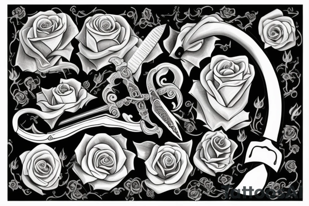 Sword with full rose with sepal spiraling around the sword tattoo idea