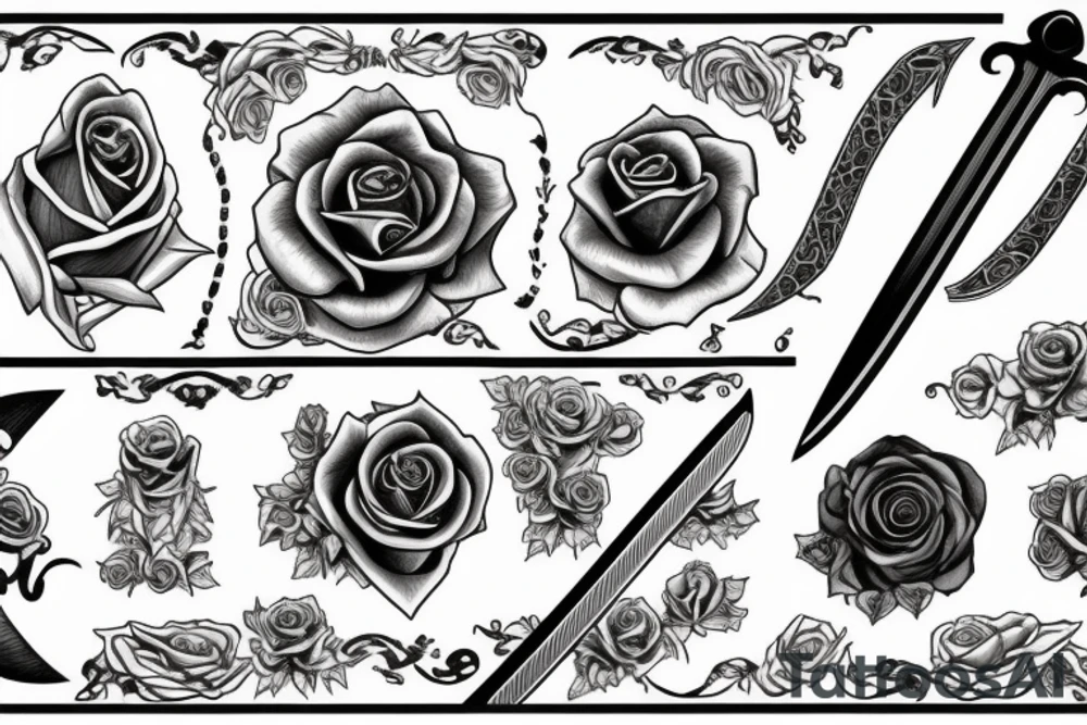 Sword with full rose with sepal spiraling around the sword tattoo idea