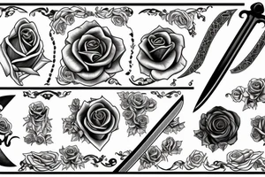 Sword with full rose with sepal spiraling around the sword tattoo idea