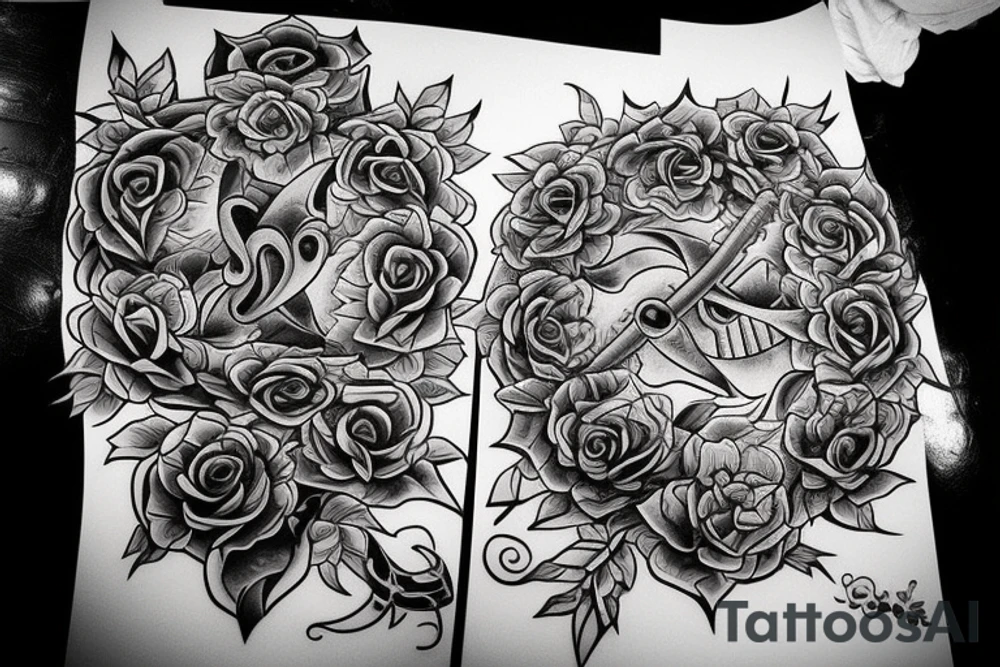 The sword symbolizes strength, courage, and honor, while the rose bush represents love, passion, and beauty. Together, they create a stunning image that tells a story of balance and harmony. tattoo idea