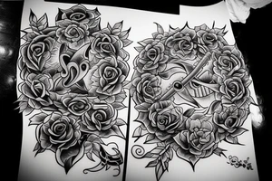 The sword symbolizes strength, courage, and honor, while the rose bush represents love, passion, and beauty. Together, they create a stunning image that tells a story of balance and harmony. tattoo idea