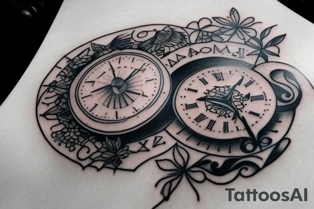 I want a tattoo for my daughter including a Sundial her name means my beautiful dream in Latin I want it to incorporate her name, time of birth and date 
11:17am
June 4th 2022
Alora Whitney Jean Goss tattoo idea