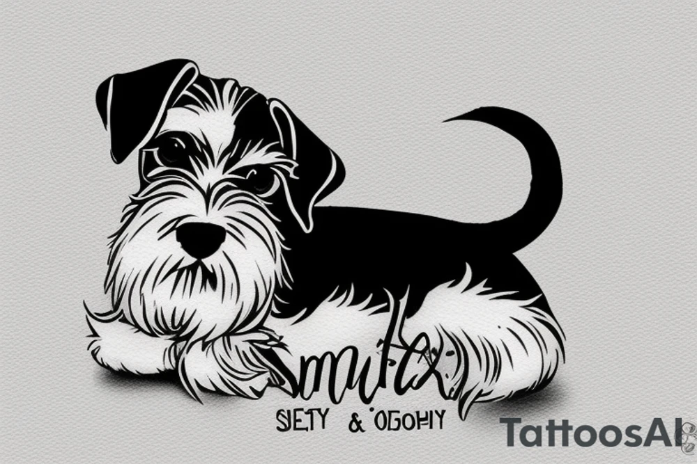 Miniature Schnauzer, very simple, single color, silhouette highlight, laying on ground, sleepy tattoo idea