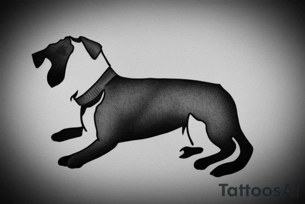 Miniature Schnauzer, very simple, single color, silhouette highlight, laying on ground, sleepy, straight on tattoo idea