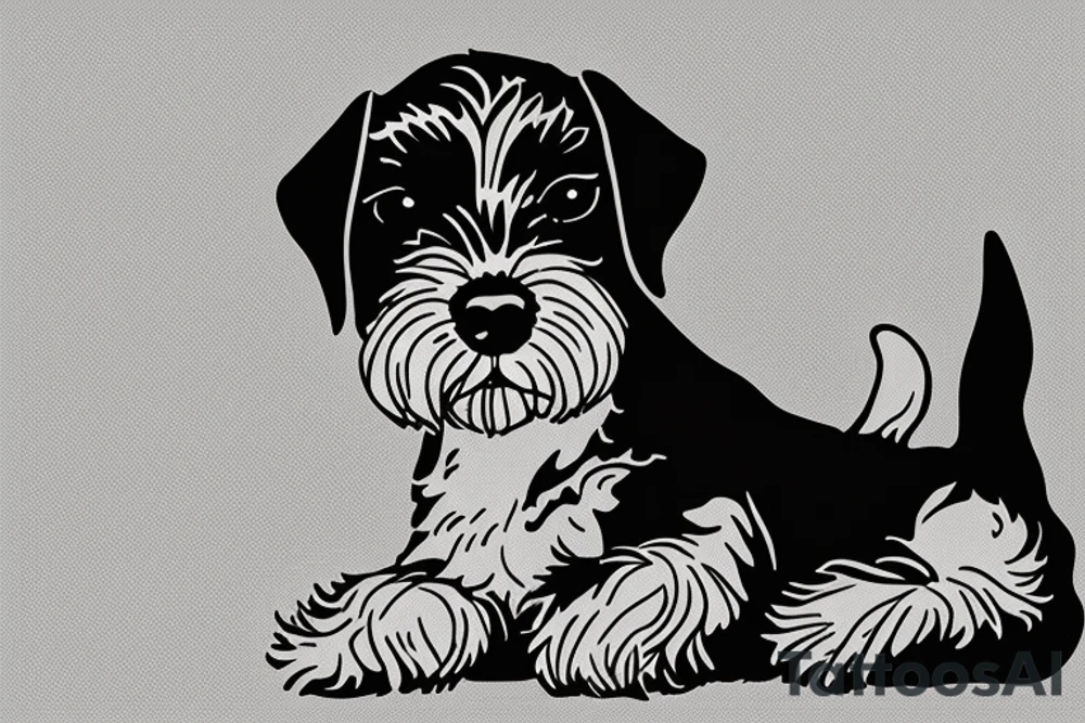 Miniature Schnauzer, very simple, single color, silhouette highlight, laying on ground, sleepy, straight on tattoo idea