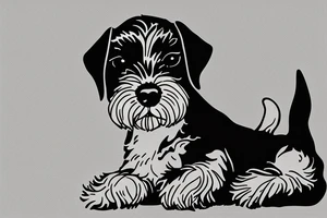 Miniature Schnauzer, very simple, single color, silhouette highlight, laying on ground, sleepy, straight on tattoo idea