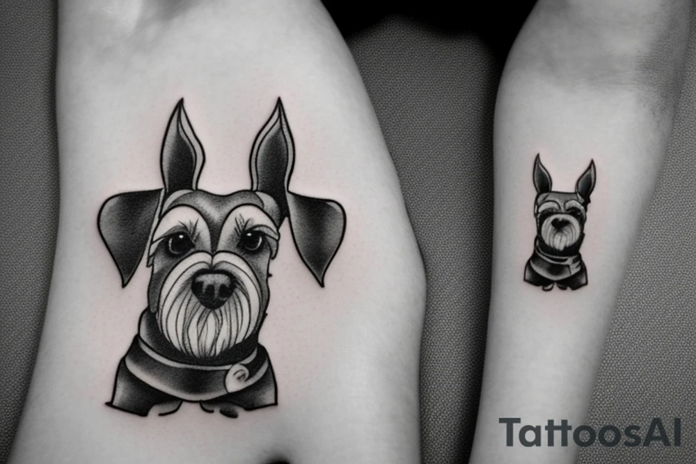 Miniature Schnauzer face, next to a shollie dog, silhouette tattoo idea