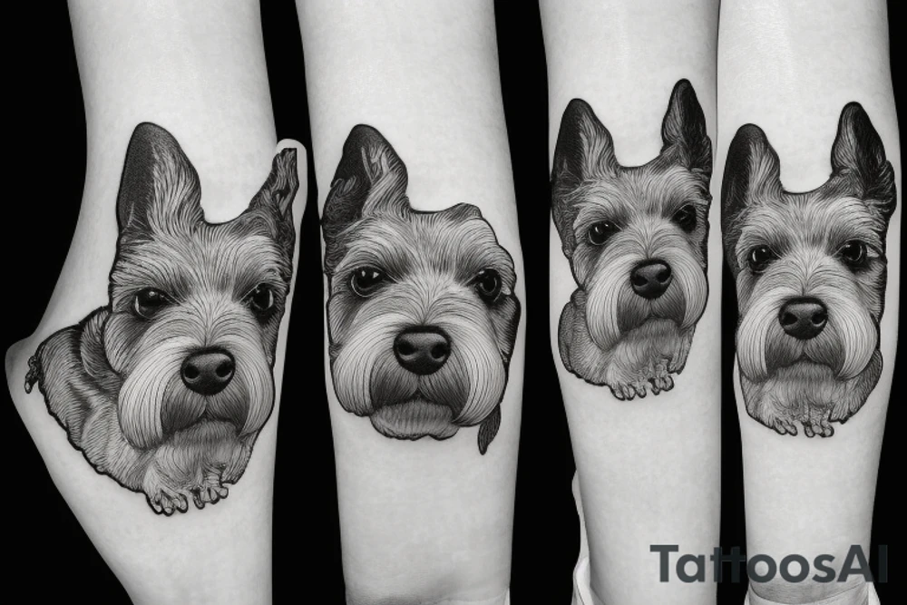 Miniature Schnauzer face, next to a shollie dog, silhouette tattoo idea