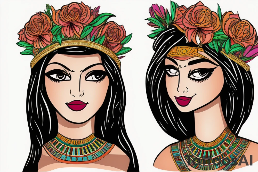 Egyptian female god with a flower crown tattoo idea