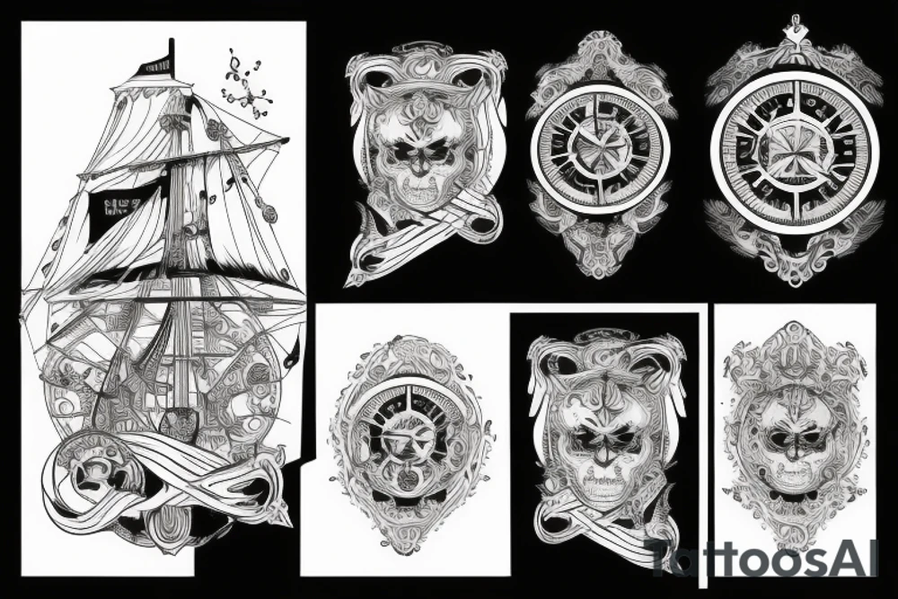 White Tiger, Pirate Ship, Compass, DNA Strand tattoo idea