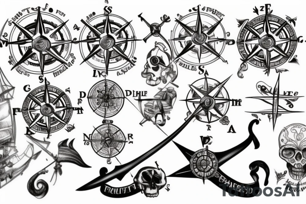 Pirate Ship, Compass, DNA Strand tattoo idea