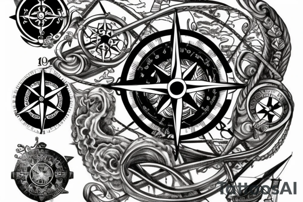 Pirate Ship, Compass, DNA Strand tattoo idea