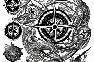 Pirate Ship, Compass, DNA Strand tattoo idea
