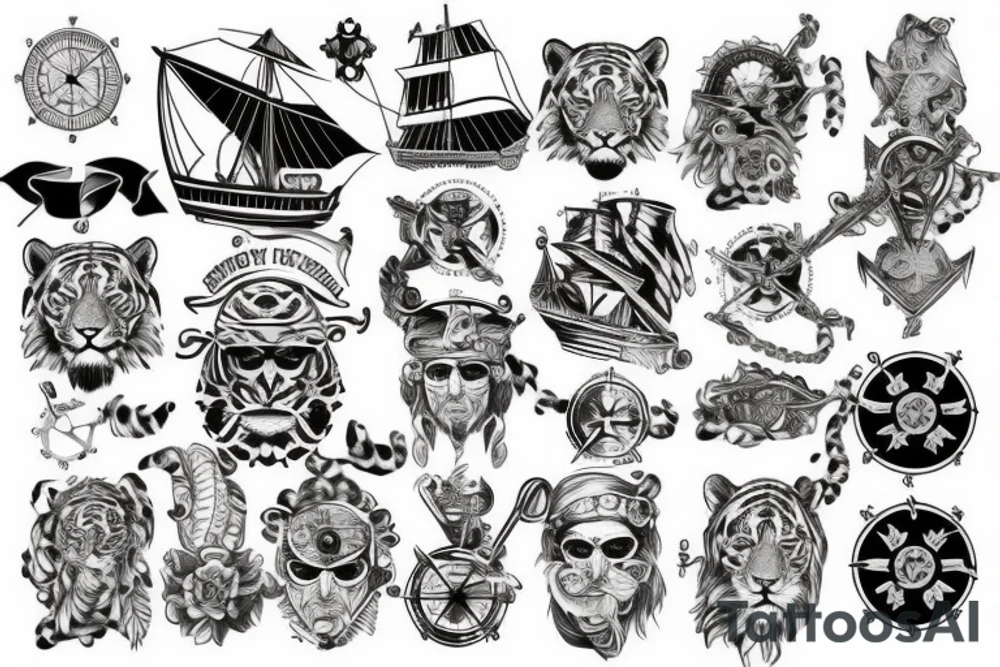 White Tiger, Pirate Ship, Compass tattoo idea
