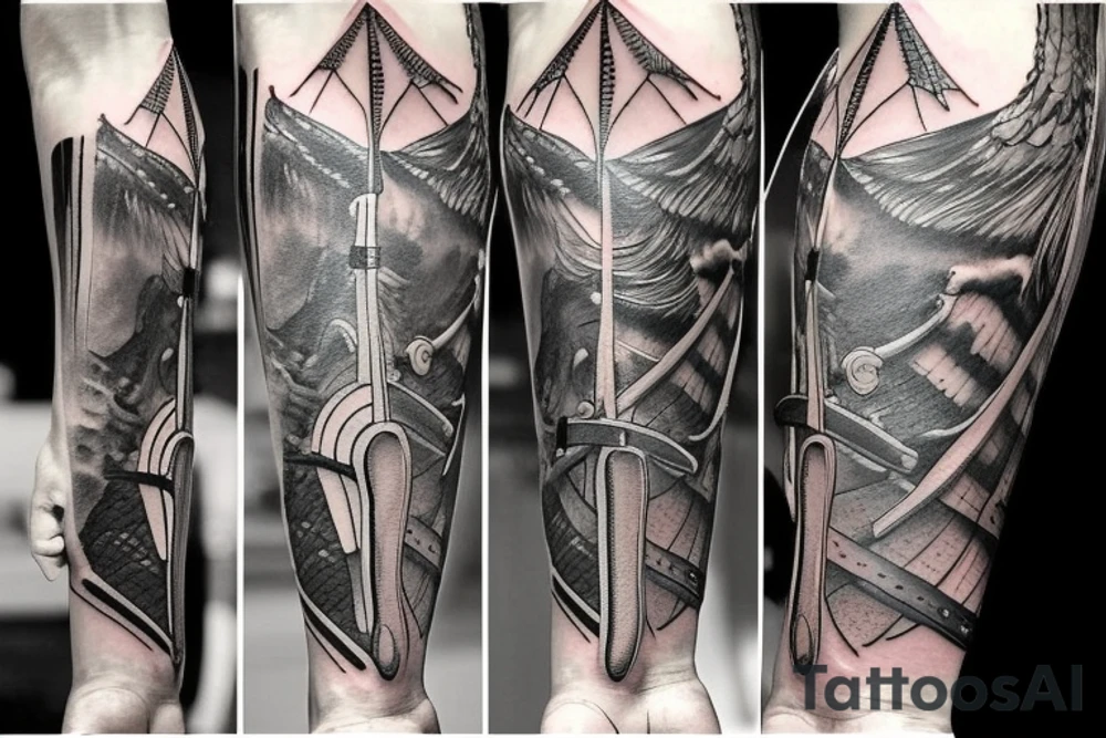 tattoo on the inner forearm of a sword with a ribbon with Biblical scripture wrapped around the sword. Now tattoo is expanded to cover the entire arm. tattoo idea