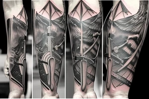 tattoo on the inner forearm of a sword with a ribbon with Biblical scripture wrapped around the sword. Now tattoo is expanded to cover the entire arm. tattoo idea