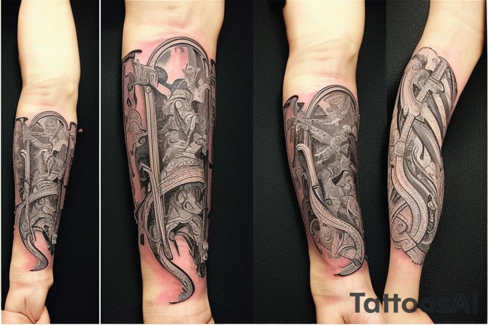 tattoo on the inner forearm of a sword with a ribbon with Biblical scripture wrapped around the sword. Now tattoo is expanded to cover the entire arm. tattoo idea
